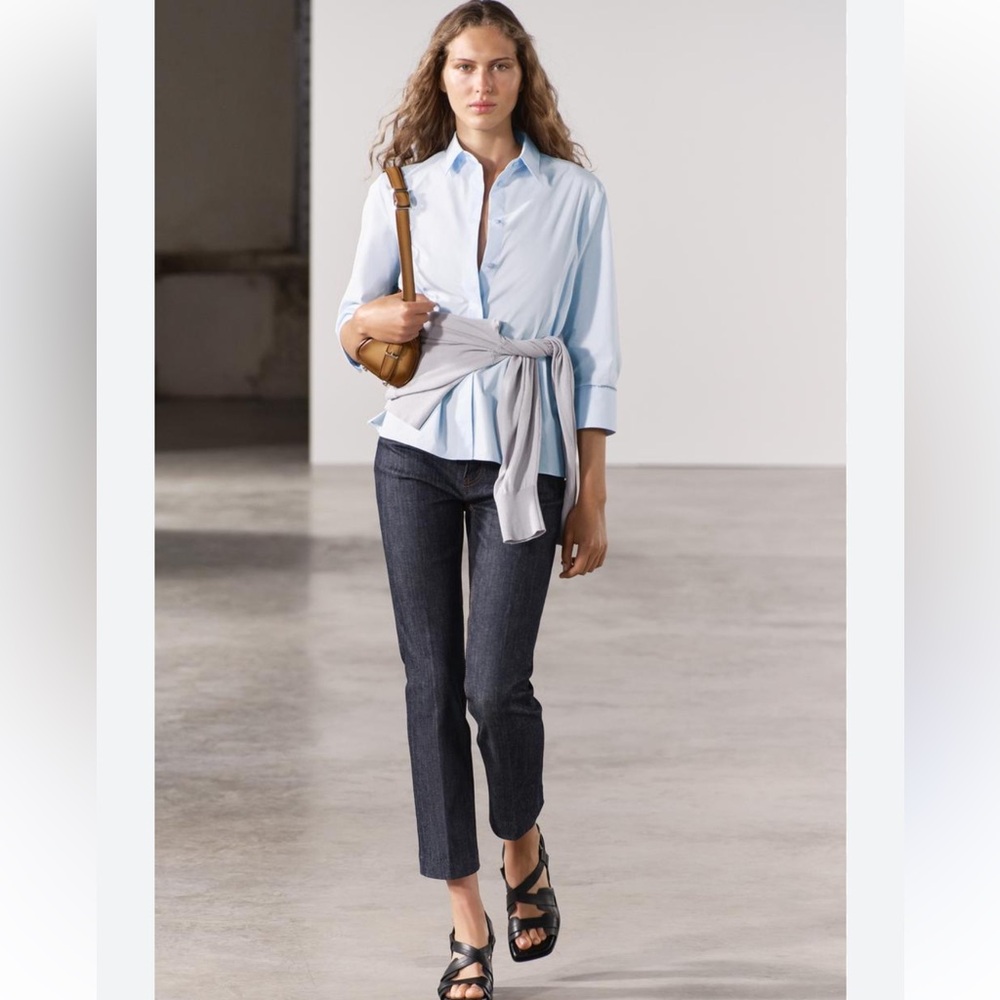 Zara Slim Fit Poplin Cotton Shirt Light Blue below-the-elbow sleeves ZW XS NWT - Picture 3 of 16